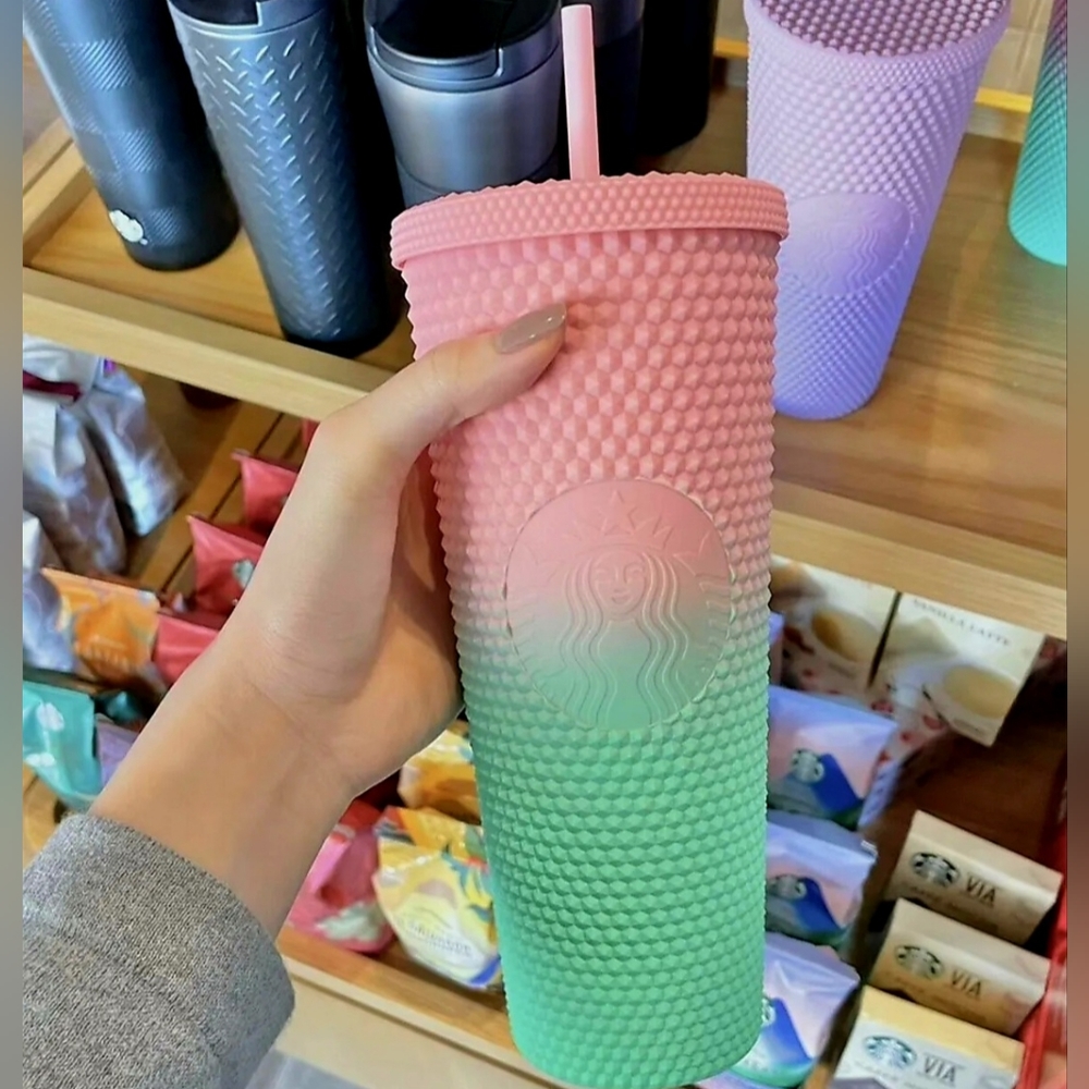 NWT Starbucks Taiwan Pink Green Ombre Studded Tumbler